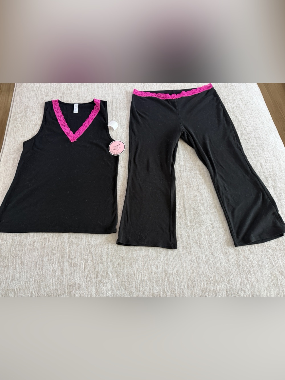 Black Pajama Set with Hot Pink Lace Trim - Sleeveless V Top & Lounge Pants